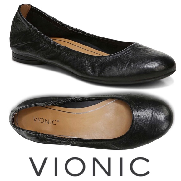 Vionic Alexa Black Leather Slip On Elastic Topline Ballet Flats - Picture 1 of 12